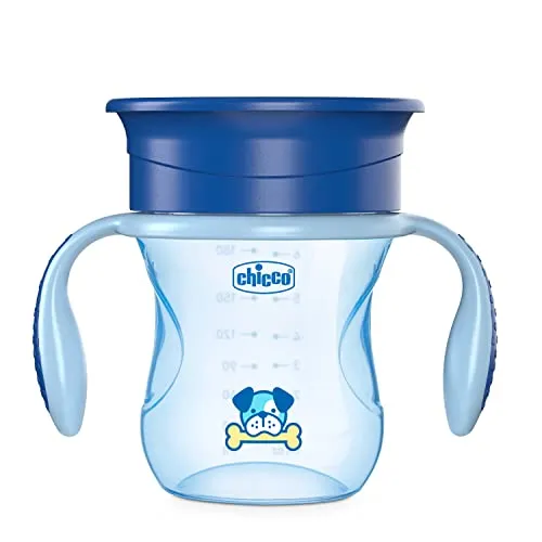 Chicco Perfect First Baby Trinklernbecher 200 ml, Trinkflasche 12+ Monate Trinken lernen, auslaufsicherer Trinkbecher mit 360° Silikonventil und abnehmbaren Griffen, BPA-frei - Blau