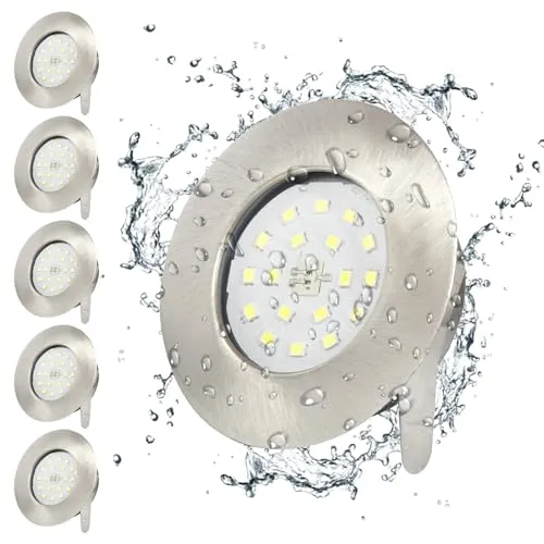 Wondlumi LED Einbaustrahler Set IP44 Badezimmer LED Spots 230V 5W Kaltweiss Rund Nickel Deckenspots 30mm Flach 500lm, Nicht Dimmbar, 6er Pack