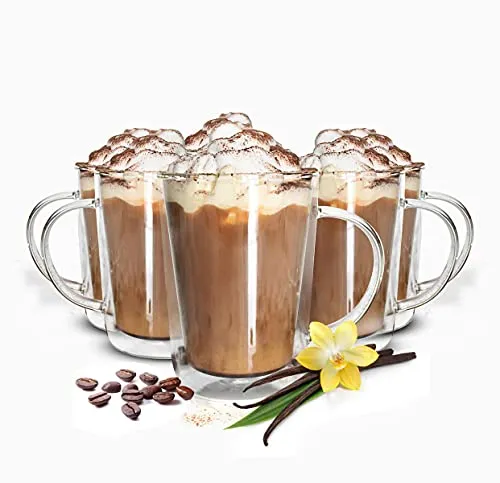 Sendez 4 Doppelwandige Gläser mit Henkel 360ml – Latte Macchiato Trinkgläser - Hochwertige doppelwandige Gläser aus Borosilikatglas (mundgeblasen) mit 360 ml Volumen. Ideal für heiße und kalte Getränke, temperaturisolierend und elegant im Design.