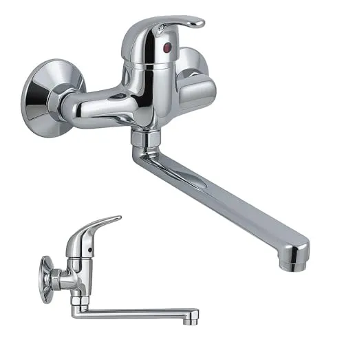 Wandarmatur für Spülbecken mit 360° schwenkbarem Auslauf, Mischbatterie aus poliertem Chrom aus Edelstahl