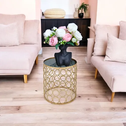 Eleganter Rundtisch aus Metall in Gold mit Glasplatte