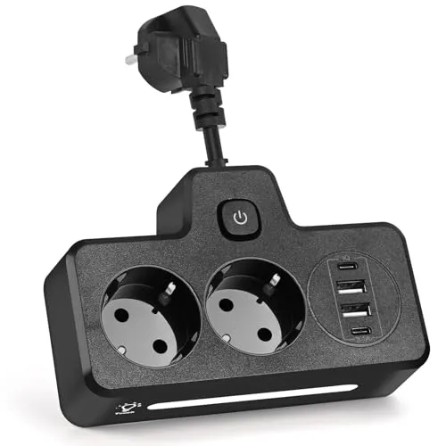 LustLocke Doppelstecker für Steckdose, Steckdosenleiste 2-Fach, Verteilersteckdose Wandmontage mit 2 USB A & 2 USB C, Kompakte Steckerleiste für Büro, Zuhause & Reisen, 13 A/3250 W (Schwarz)