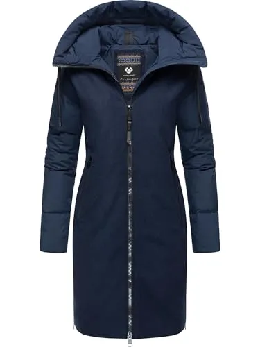 Ragwear Wintermantel Jumana für Damen - Modischer Kapuzenmantel in Blau XXXL (46) - Funktionsjacke mit modernem Materialmix, wasser- und windabweisend, ideal für kalte Tage und aktive Freizeit.