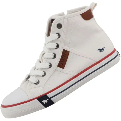Mustang Damen High-Top Canvas Sneaker Weiß - Stylische Damen High-Top Sneaker aus hochwertigem Canvas. Mit Schnürung und praktischem Reißverschluss ideal für jeden Look. Bequemes Innenfutter und rutschfeste Synthetiksohle für den Alltag.