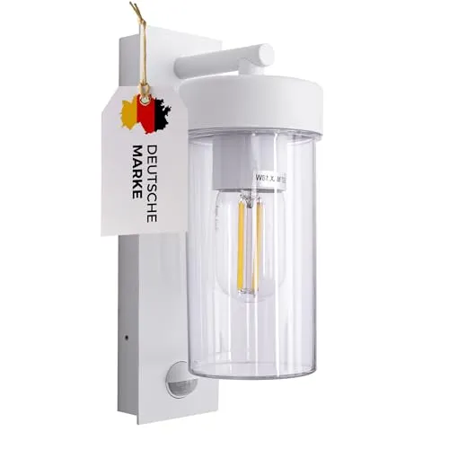 max K O M F O R T LED Außenwandleuchte mit Bewegungsmelder E27 Weiß IP44 - Lampen mit intelligentem Bewegungsmelder für automatische Lichtsteuerung – erhöht Sicherheit und spart Energie im Außenbereich. Wetterfestes Design aus Aluminium & Kunststoff, ideal für jeden Außenbereich.