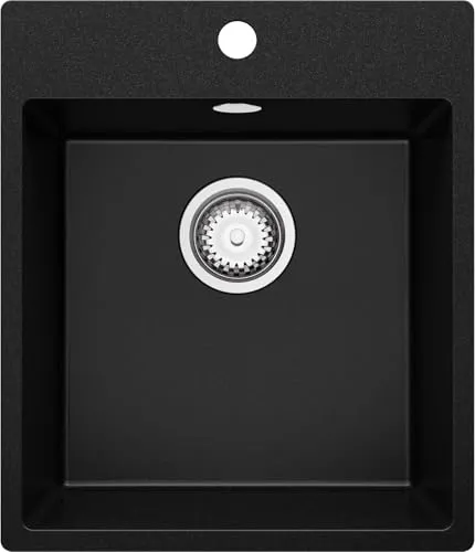 PRIMAGRAN Spülbecken Schwarz 43x50cm, Granitspüle 1 Becken + Ablauf-Set, Küchenspüle ab 45er Unterschrank - Riga S070