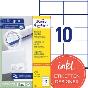 AVERY Zweckform UltraGrip Universaletiketten 3425 - Etiketten in DIN A4 für vielseitige Anwendungen. Selbsthaftend, 100 Blatt mit je 10 Etiketten – ideal für Adress- und Inhaltsetiketten.
