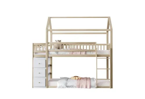 Odikalo Etagenbett Kinderbett Hausform Sicherheitszaun Aufbewahrungskommode Regalen90x200
