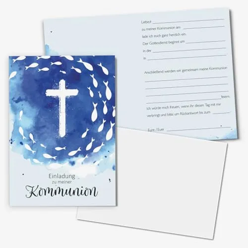 younikat 15 Stück Einladungskarten Kommunion I DIN A6 (10,5 x 14,8 cm) I zum Ausfüllen mit Lückentext I inkl. Umschlägen I Klappkarte Aquarell Blau Fische Kreuz I dv1559