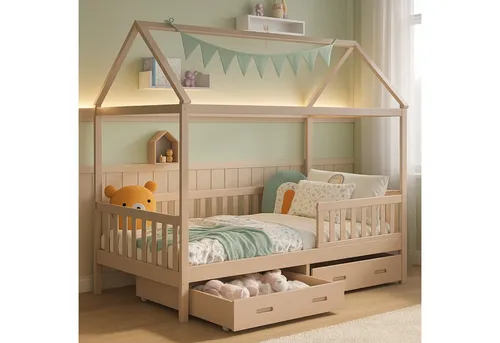 ALAVYA Home Kids Hausbett Cloud aus massiver Buche, 90x200 cm inkl. Matratze - Abenteuerbett für Kinder, gefertigt aus FSC® 100% zertifiziertem Buchenholz in exklusivem Greige, mit beidseitig montierbarem Rausfallschutz und zwei praktischen Schubladen für zusätzlichen Stauraum.