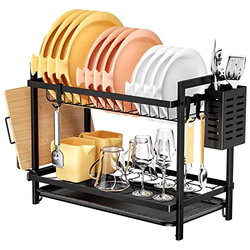 Fousenuk Abtropfgestell Geschirr 2 Etagen, Abtropfgestell Geschirr Schwarz, Geschirrabtropfgestell Klein, Dish Drainer, Geschirr Abtropfständer mit Abnehmbarer Haken, Dish Drying Rack mit Tropfschale