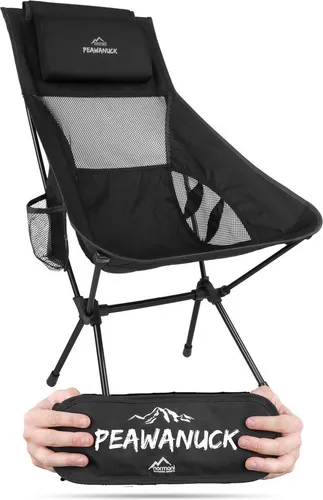 normani Ultraleichter Campingstuhl - Schwarz mit Kopfkissen - Praktischer Campingstuhl mit geringem Packmaß und hohem Sitzkomfort. Ideal für Outdoor-Aktivitäten, passt in jeden Rucksack und bietet eine maximale Belastbarkeit von 150 kg.
