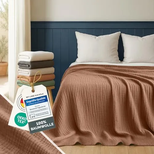 Blumtal Tagesdecke Baumwolle 200x230 cm - Musselin Decke Oeko-TEX zert. - Bettüberwurf 200x230 - Couch Überwurf - leichte Kuscheldecke Baumwolle 100% - Überwurf Bett - Tagesdecke Couch in Copper