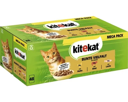 KITEKAT™ Portionsbeutel Multipack Bunte Vielfalt Sauce 48x85g - Katzenfutter für Erwachsene mit einer leckeren Auswahl aus Rind, Huhn und Lachs in Sauce. Ideal für eine abwechslungsreiche Ernährung Ihrer Katze.