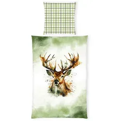 Herding Bettwäsche Hirsch, Home Edition - Bettwäsche-Set aus 100% Baumwolle mit bezauberndem Hirsch-Motiv, ideal für jeden Anlass. Pflegeleicht, waschbar bei 60°C und mit praktischem Markenreißverschluss für schnelles Beziehen.