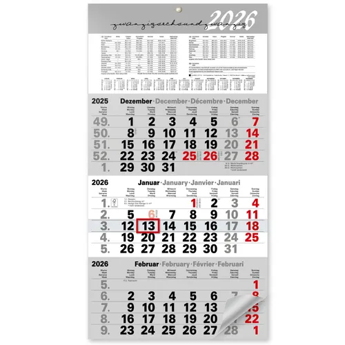 3-Monatskalender 2026 grau – großer Wandkalender mit Schieber & Jahreskalender