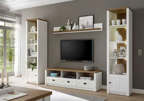 Landhaus Wohnwand Mediawand Anbauwand Wohnzimmer 260cm pinie weiß eichefarben hell