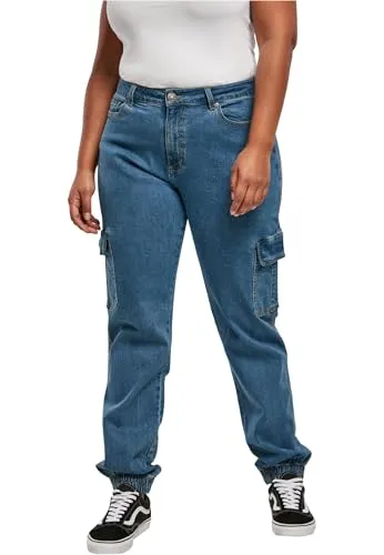 Urban Classics Damen Organic Stretch Denim Cargo Trousers - Clearblue Washed - Damen-Jeanshosen aus Bio-Baumwolle mit hohem Bund, elastischen Beinenden und praktischen Taschen für einen lässigen Look.