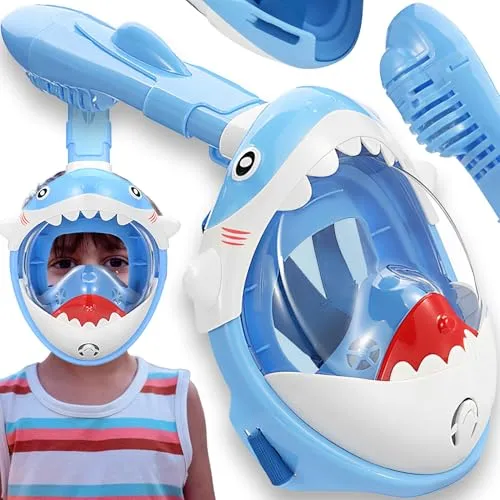 Retoo Schnorchelmaske Kinder Vollgesichtsmaske mit 180° Panorama Sicht – Dry TOP Technologie, Anti-Leck, Weiche Silikon-Dichtung, Verstellbare Bänder, Hai Design, Leicht & Sicher
