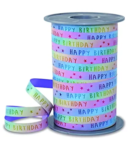 PRÄSENT RAINBOW Ringelband Birthday pastell, 200 m Geschenkband zum Verpacken und Dekorieren, 10 mm Breite, Dekoband in Regenbogenfarben, leicht kräuselbar