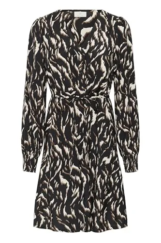 KAFFE Damen Women's Dress Long Sleeves V-Neck Tying Belt Above Knee Length Pockets Kleid, Schwarz/Braun mit Tiergrafik, 38