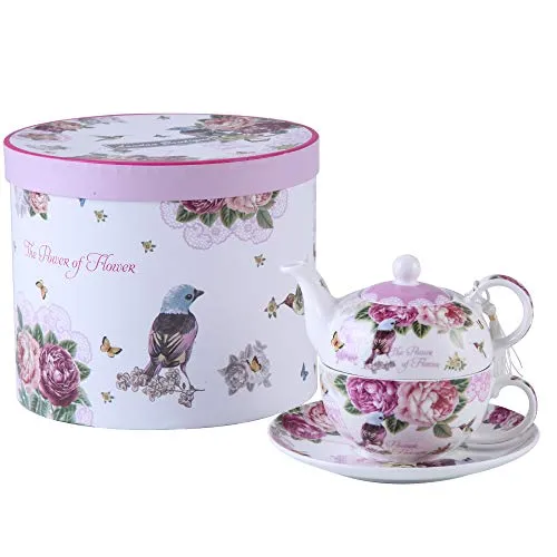 Teekannen für eine Tasse Teekanne-, Tasse- und Untertasse-Set für eine Person im Vintage-Stil, mit Rosen- und, Porzellan, in Geschenkbox 15x15cm Bird Rose Butterfly (Vogel Rose Schmetterling)