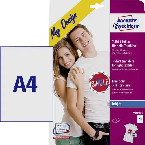 Avery-Zweckform My Design T-Shirt MD1001 Tintenstrahl Textilfolie DIN A4 für helle Textilien, Optimiert für Tintenstrahl 5 Blatt