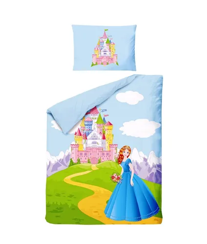 JACK Kinder Renforce Baby Bettwäsche 2tlg 100x135cm Prinzessin Blau Schloss Berg