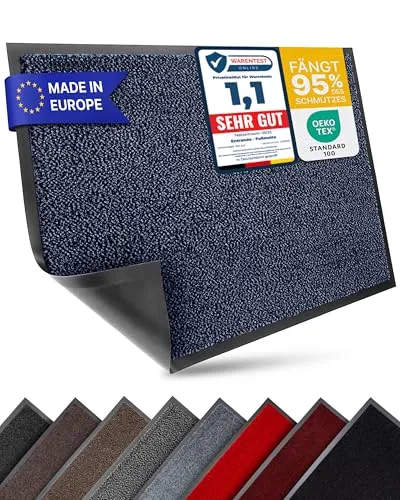Entrando Fußmatte 90x150 cm - waschbare Schmutzfangmatte für Außenbereich & Innenbereich – rutschhemmend, wasseraufnehmend, robust & farbecht – geeignet für Flur, Balkon, Tür (Blau Schwarz)