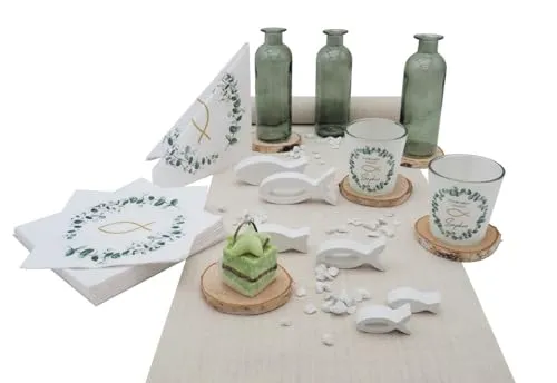 ZauberDeko Tischdecke Set zur Kommunion mit Eukalyptus-Motiv - Festliche Tischdeko für Kommunion und Konfirmation – Set mit personalisierbaren Windlichtern und stilvollen Naturtönen. Ideal für eine harmonische Tischgestaltung bei besonderen Anlässen.