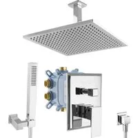PaulGurkes Regendusche Duschsystem Unterputz Armatur Chrom - Elegantes Duschsystem mit Unterputz Grundkörper aus massivem Messing. Hochwertige Verchromung und integrierte Wasserwaage für einfache Montage. Ideal für eine entspannende Dusche mit modernem Design.