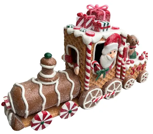 Lebkuchenzug 27cm Braun Glitter – Weihnachtsdeko für festliche Stimmung - Kunstvolle Tischdeko in Form eines Zuges, ideal für die Weihnachtszeit. Aus hochwertigem Polyresin, mit liebevollen Details von Santa und Bär. Perfekt für eine moderne Festtagsdekoration.
