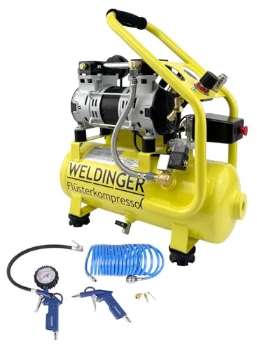 WELDINGER Flüsterkompressor FK 65 pro + 6-teiliges Druckluftset - Leistungsstarker Flüsterkompressor mit 750 W und 90 l/min Luftabgabe, ideal für vielseitige Anwendungen. Das Set enthält nützliches Zubehör für Reifenfüllen und Ausblasen.