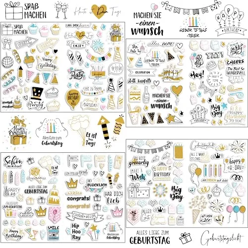 Sticker Geburtstag Gästebuch, SILARLAIT 225 Aufkleber für Gästebuch, Karten, Fotoalbum, Geburtstagskarten, Geschenke | Party-Deko für Erwachsene & Kinder | Set: 225 Motive auf 4 Bögen DIN-A4