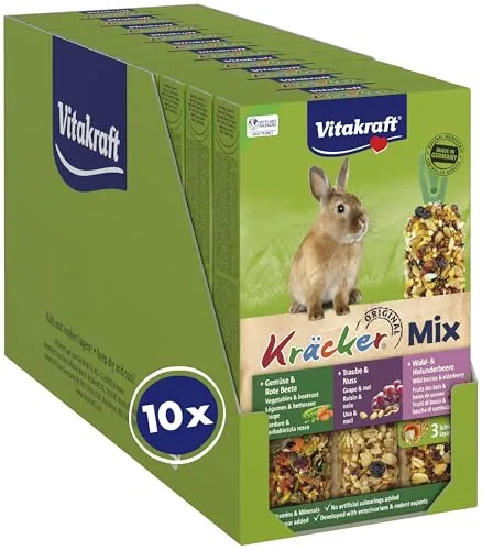 Vitakraft Kräcker Mix für Zwergkaninchen - Kleintierleckereien mit Gemüse, Rote Beete und Nüssen, ohne Zucker und Getreide – reich an Vitaminen und Mineralien, ideal für gesunde Knabberstunden.