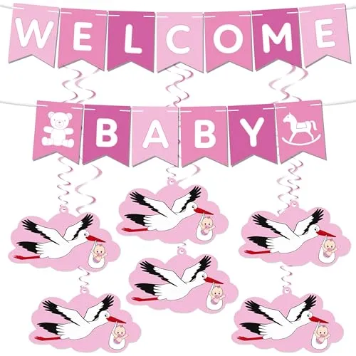BRUBAKER Welcome Baby Girlande - Wimpelkette mit Storch Anhängern und Deko Wirbel Spiralen - Willkommensdeko Set für Jungen und Mädchen Dekoration für Babyparty, Zuhause und Babyzimmer - Rosa