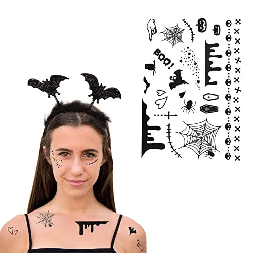 Oblique Unique® Fledermaus Kostüm Accessoire Set - Fledermaus Haarreifen + 22 gruselige Tattoos für Halloween Fasching Karneval Motto Party