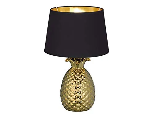 meineWunschleuchte Große Tischleuchte 43cm Ananas Keramiksockel Gold, Stoffschirm Schwarz