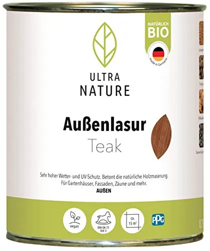 ULTRA NATURE Außen Lasur, 0,75L, Teak, Vegan, Natürlich Bio, Lösemittelfrei, Holzschutzlasur