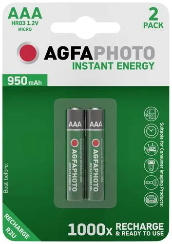 AgfaPhoto HR03 Micro (AAA) NiMH Akku 950 mAh - 2er Set - Akkus für Digitalkameras und mehr, über 1000 mal wiederaufladbar, kostengünstig und umweltfreundlich, ideal für Geräte mit hohem Stromverbrauch.