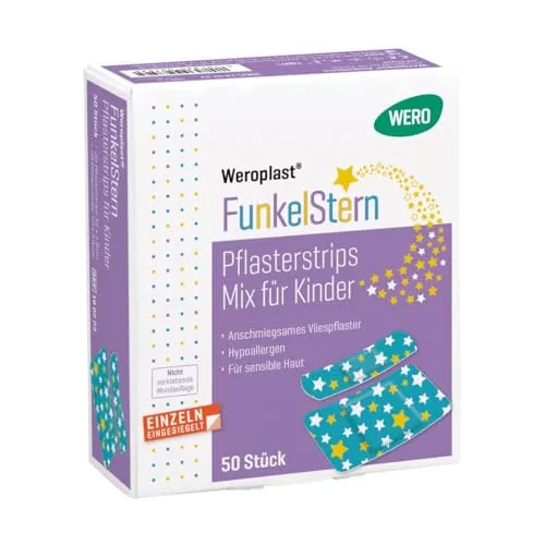 Weroplast® FunkelStern Kinderpflaster – 50 Stück - Bunte Pflasterstrips mit Sternmotiv - Hautfreundlich, hypoallergen, latexfrei - 30× 7,2×1,9 cm & 20× 7,2×3,8 cm - Ideal für empfindliche Kinderhaut