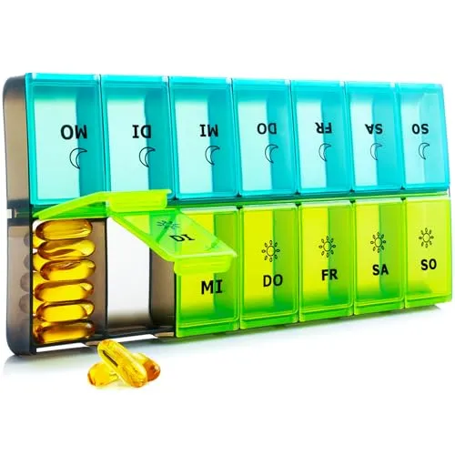 Tablettenbox 7 Tage XL – Morgens & Abends Organizer - Persönlicher Tabletten-Organizer mit extra großen Fächern für bis zu 12 Fischöle oder 16 Vitaminkapseln – perfekt für die tägliche Medikamenteneinnahme!