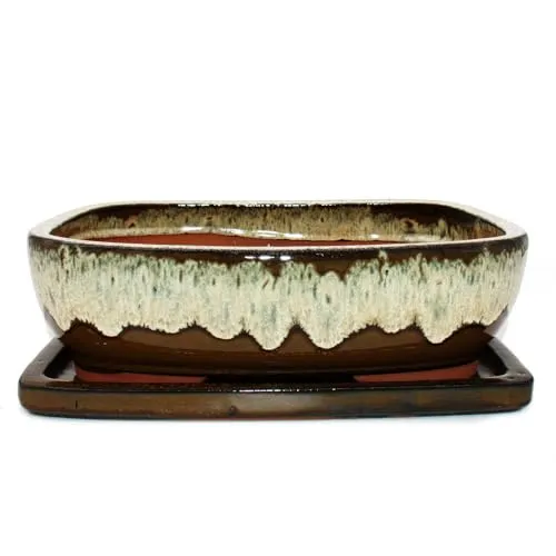 Exotenherz Bonsai-Schale mit Untersetzer, Gr. 6, Braun-Beige, 37cm - Stilvolle Bonsai-Schale aus hochwertiger Yixing-Keramik mit praktischem Untersetzer. Ideal für optimale Pflege und Wachstum Ihrer Bonsai-Pflanzen, verbindet Funktionalität mit ästhetischem Design.