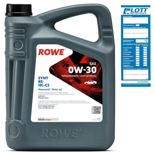 ROWE HIGHTEC SYNT RS SAE 0W-30 HC-C2 5l Motoröl - Motoröl für Hochleistungsfahrzeuge, optimiert für Kraftstoffeinsparung bis zu 2,5% und ideal für Turbomotoren mit hervorragenden Kaltstarteigenschaften.