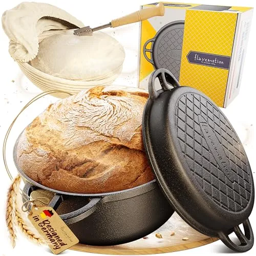 Gusseisen Topf zum Brot backen - Starter-Set mit Zubehör - Pfannen: Hochwertiger Gusseisen Topf mit Deckel für perfekte Brotbackergebnisse, inkl. Gärkorb und Bäckermesser für einfaches Backen und intensiven Geschmack.