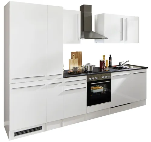 Küchenblock JAZZ 8 mit E-Geräten - weiß - Küchenzeile mit integriertem Kühlschrank und Apothekerschrank, ideal für platzsparendes Kochen und modernes Design.