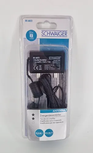 Schwaiger Zwei Geräte Verstärker 8 dB - Verstärker & Vorverstärker, ideal zur Verbesserung des Empfangs für Radiogeräte und Fernseher mit 8 dB Verstärkung in elegantem Schwarz-Silber Design.