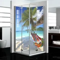dedeco Eck-Duschrückwände Aluminium wasserfest Motiv: Strand V4, Nano-Protect hochglänzend, 2 x 90x200x0,3cm, Badrückwand, Fliesenersatz fugenl... - Silber