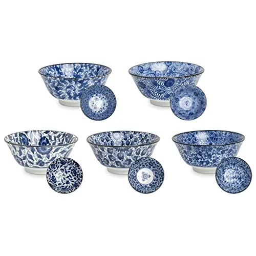 AAF Nommel®, Matcha - Reisschalen 5-er Set Japan Porzellan blau weiss Blumen, Nr. 070