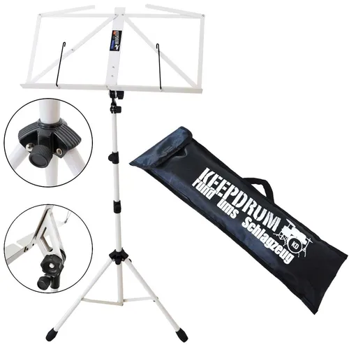 keepdrum MUS3 WH Notenständer - Notenständer in Weiß mit Tragetasche, höhenverstellbar von 65 bis 145 cm, stabiler dreibeiniger Klappfuß und inklusive Tasche mit Tragegurt für einfache Mobilität.